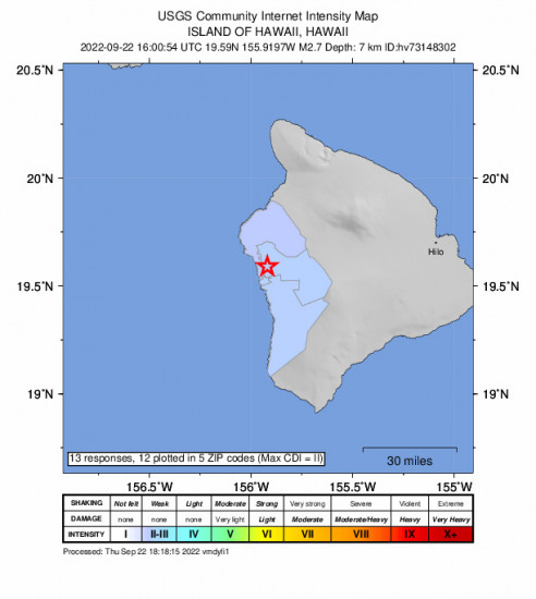 Community Internet Intensity Map for the Hōlualoa, Hawaii 2.67m Earthquake, Thursday Sep. 22 2022, 6:00:54 AM