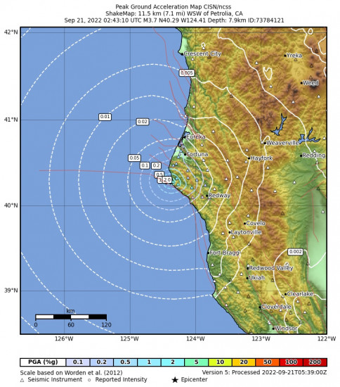 Peak Ground Acceleration Map for the Petrolia, Ca 3.69m Earthquake, Tuesday Sep. 20 2022, 7:43:10 PM