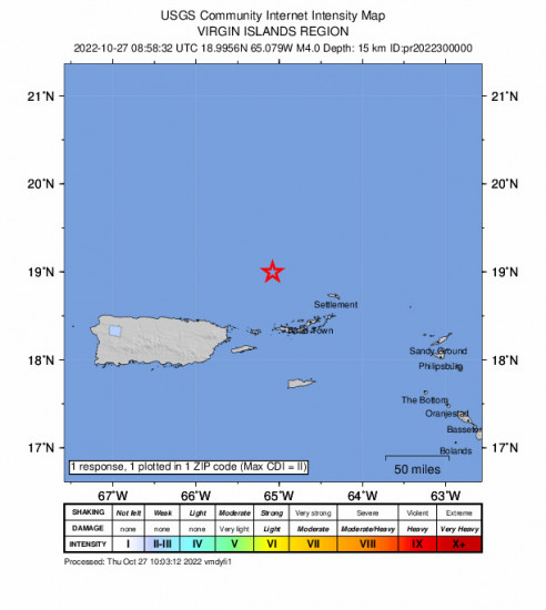 Community Internet Intensity Map for the Charlotte Amalie, U.s. Virgin Islands 4.03m Earthquake, Thursday Oct. 27 2022, 4:58:32 AM