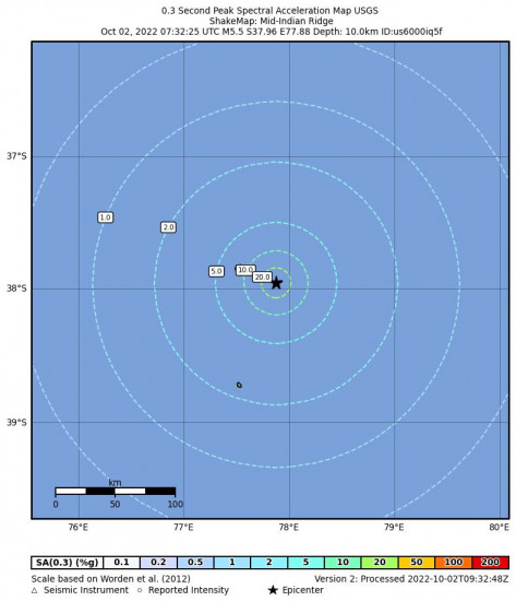 0.3 Second Peak Spectral Acceleration Map for the Mid-indian Ridge 5.5m Earthquake, Sunday Oct. 02 2022, 12:32:25 PM