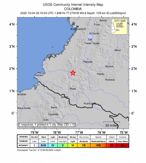 Community Internet Intensity Map for the Colombia 4.8m Earthquake, Tuesday Oct. 04 2022, 12:13:54 AM
