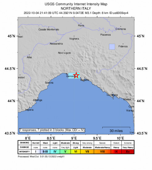 GEO Community Internet Intensity Map for the Bogliasco, Italy 3.1m Earthquake, Tuesday Oct. 04 2022, 11:41:09 PM
