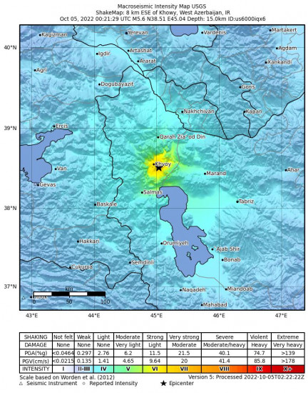 Macroseismic Intensity Map for the Northwestern Iran 5.6m Earthquake, Wednesday Oct. 05 2022, 3:51:29 AM