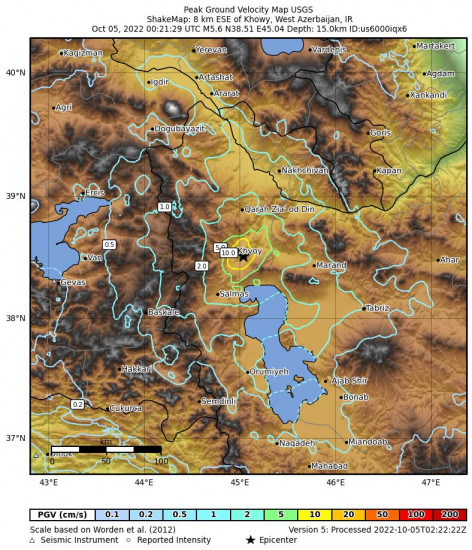Peak Ground Velocity Map for the Northwestern Iran 5.6m Earthquake, Wednesday Oct. 05 2022, 3:51:29 AM