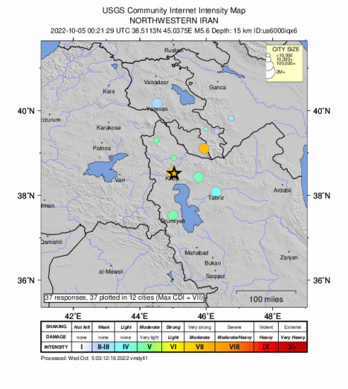 Community Internet Intensity Map for the Northwestern Iran 5.6m Earthquake, Wednesday Oct. 05 2022, 3:51:29 AM