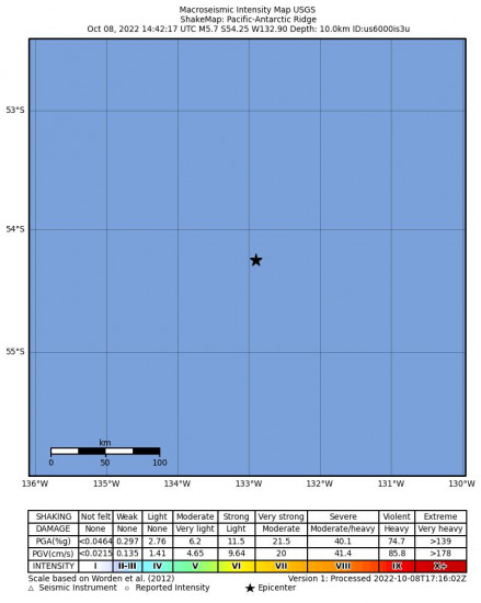 Macroseismic Intensity Map for the Pacific-antarctic Ridge 5.7m Earthquake, Saturday Oct. 08 2022, 5:42:17 AM