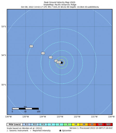 Peak Ground Velocity Map for the Pacific-antarctic Ridge 5.7m Earthquake, Saturday Oct. 08 2022, 5:42:17 AM