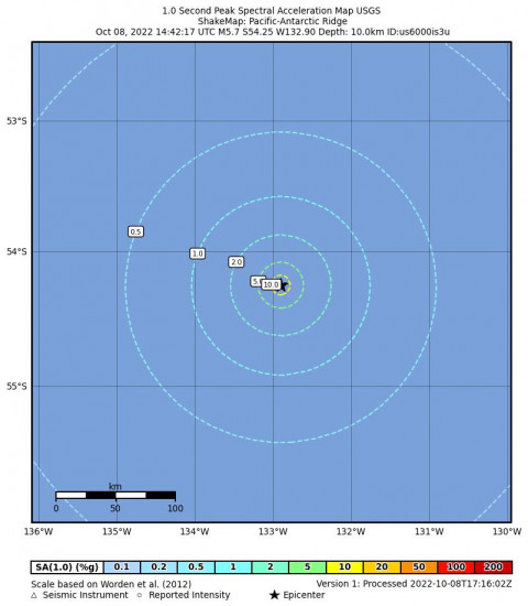 1 Second Peak Spectral Acceleration Map for the Pacific-antarctic Ridge 5.7m Earthquake, Saturday Oct. 08 2022, 5:42:17 AM