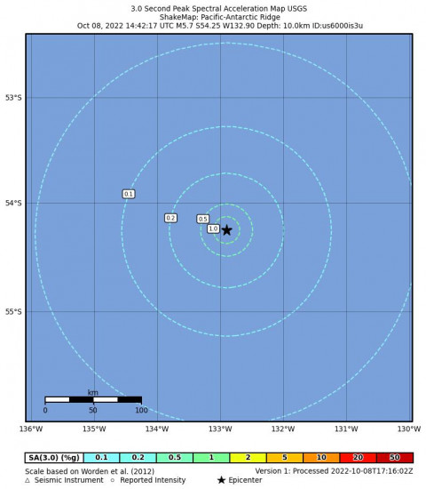 3 Second Peak Spectral Acceleration Map for the Pacific-antarctic Ridge 5.7m Earthquake, Saturday Oct. 08 2022, 5:42:17 AM