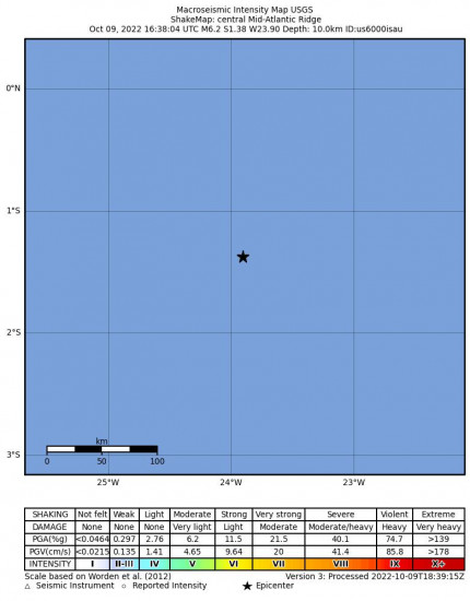 Macroseismic Intensity Map for the Central Mid-atlantic Ridge 6.2m Earthquake, Sunday Oct. 09 2022, 2:38:04 PM