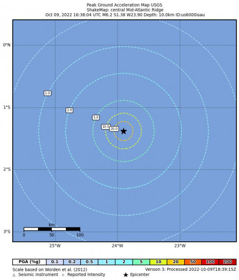 Peak Ground Acceleration Map for the Central Mid-atlantic Ridge 6.2m Earthquake, Sunday Oct. 09 2022, 2:38:04 PM