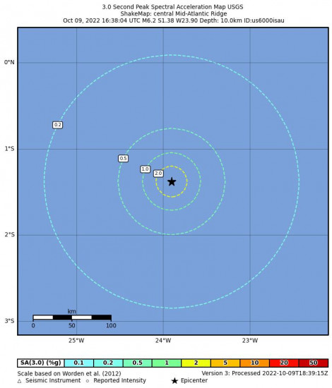 3 Second Peak Spectral Acceleration Map for the Central Mid-atlantic Ridge 6.2m Earthquake, Sunday Oct. 09 2022, 2:38:04 PM