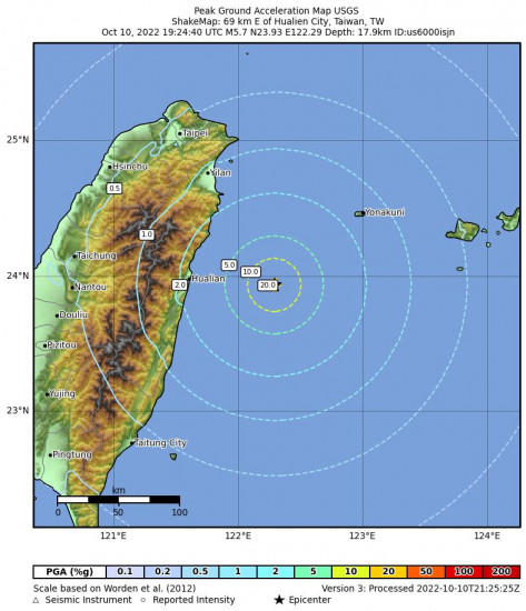 Peak Ground Acceleration Map for the Hualien City, Taiwan 5.7m Earthquake, Tuesday Oct. 11 2022, 3:24:40 AM
