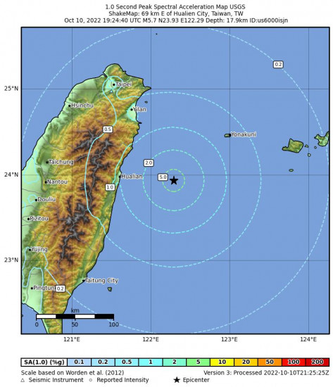 1 Second Peak Spectral Acceleration Map for the Hualien City, Taiwan 5.7m Earthquake, Tuesday Oct. 11 2022, 3:24:40 AM