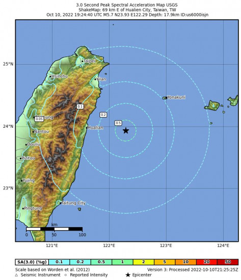 3 Second Peak Spectral Acceleration Map for the Hualien City, Taiwan 5.7m Earthquake, Tuesday Oct. 11 2022, 3:24:40 AM