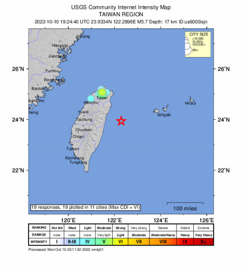 Community Internet Intensity Map for the Hualien City, Taiwan 5.7m Earthquake, Tuesday Oct. 11 2022, 3:24:40 AM