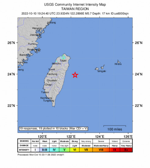 GEO Community Internet Intensity Map for the Hualien City, Taiwan 5.7m Earthquake, Tuesday Oct. 11 2022, 3:24:40 AM