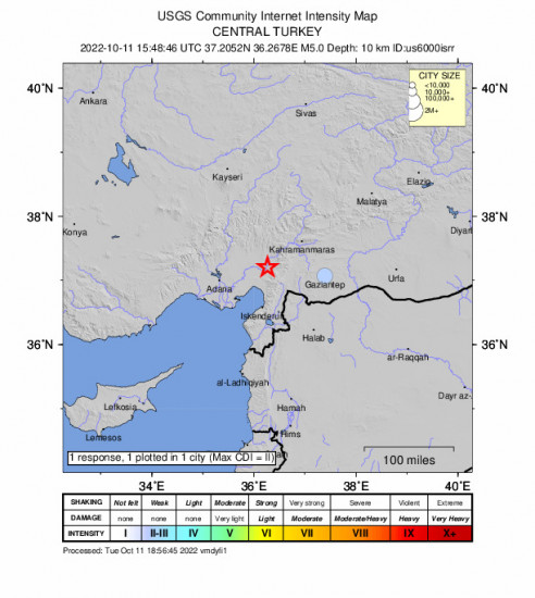 Community Internet Intensity Map for the Osmaniye, Turkey 5m Earthquake, Tuesday Oct. 11 2022, 6:48:46 PM