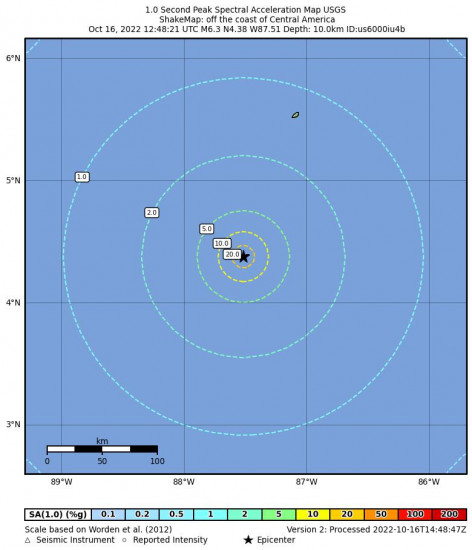 1 Second Peak Spectral Acceleration Map for the Central America 6.3m Earthquake, Sunday Oct. 16 2022, 6:48:21 AM