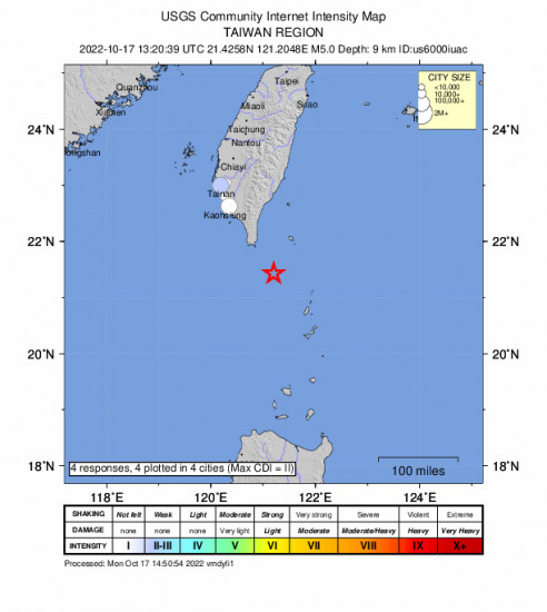 Community Internet Intensity Map for the Hengchun, Taiwan 5m Earthquake, Monday Oct. 17 2022, 9:20:39 PM
