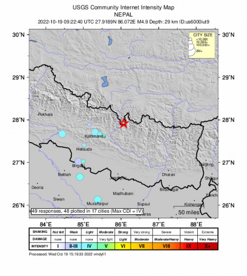 Community Internet Intensity Map for the Kodāri̇̄, Nepal 4.9m Earthquake, Wednesday Oct. 19 2022, 3:07:40 PM