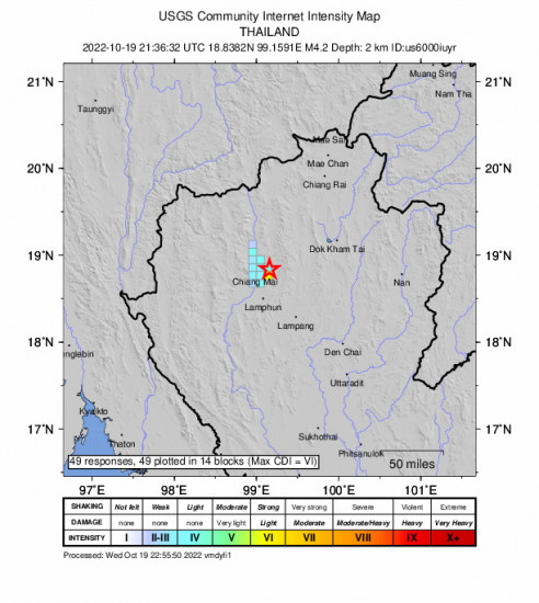 GEO Community Internet Intensity Map for the San Kamphaeng, Thailand 4.2m Earthquake, Thursday Oct. 20 2022, 4:36:32 AM