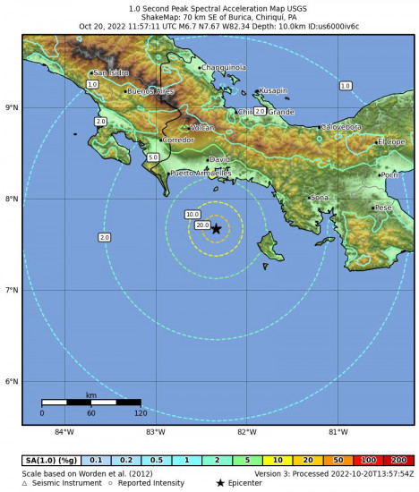 1 Second Peak Spectral Acceleration Map for the Boca Chica, Panama 6.7m Earthquake, Thursday Oct. 20 2022, 6:57:11 AM