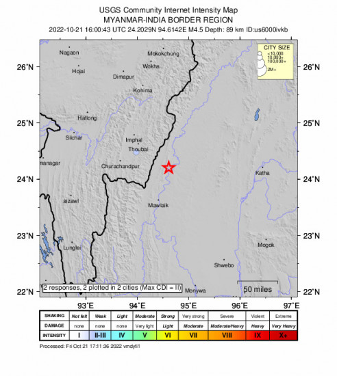 Community Internet Intensity Map for the Mawlaik, Myanmar 4.5m Earthquake, Friday Oct. 21 2022, 10:30:43 PM