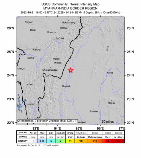 GEO Community Internet Intensity Map for the Mawlaik, Myanmar 4.5m Earthquake, Friday Oct. 21 2022, 10:30:43 PM