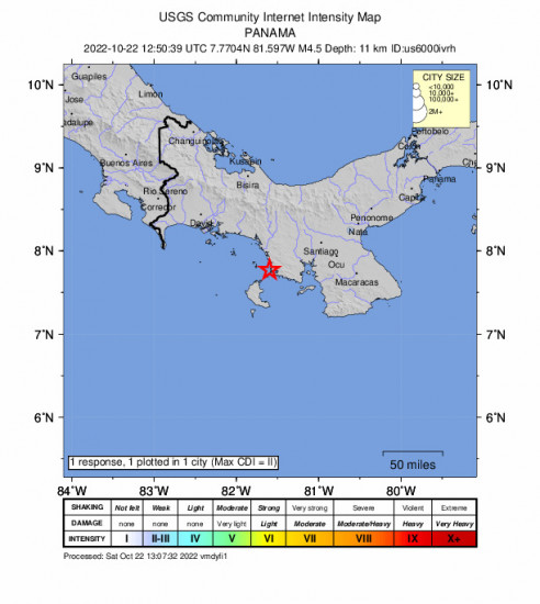 Community Internet Intensity Map for the Zapotillo, Panama 4.5m Earthquake, Saturday Oct. 22 2022, 7:50:39 AM