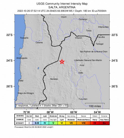 GEO Community Internet Intensity Map for the San Antonio De Los Cobres, Argentina 5.1m Earthquake, Wednesday Oct. 26 2022, 4:52:14 AM