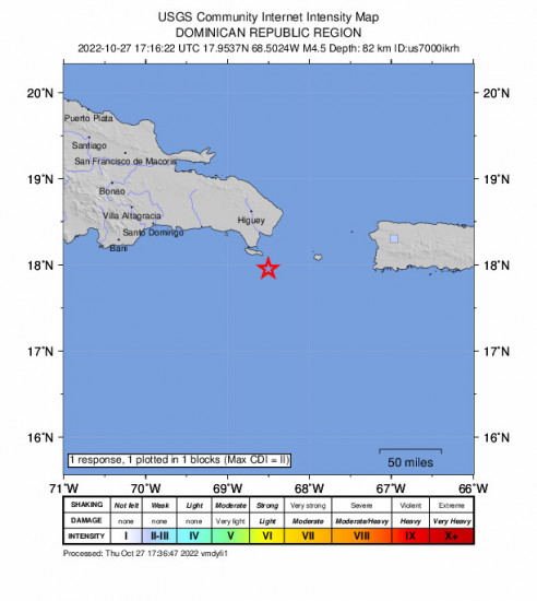 GEO Community Internet Intensity Map for the Boca De Yuma, Dominican Republic 4.5m Earthquake, Thursday Oct. 27 2022, 1:16:22 PM