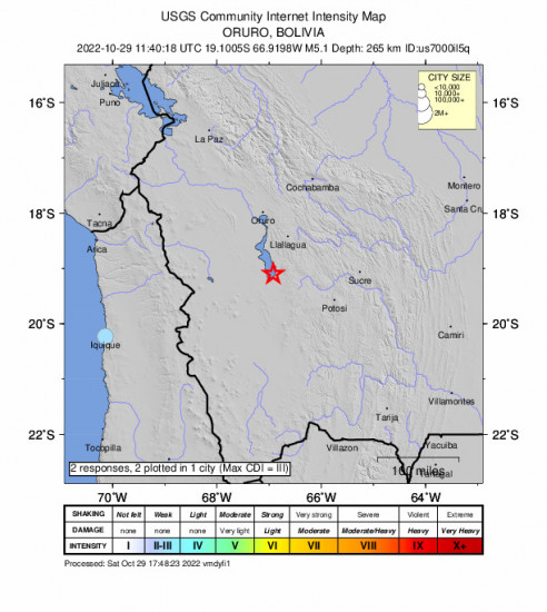 Community Internet Intensity Map for the Oruro, Bolivia 5.1m Earthquake, Saturday Oct. 29 2022, 7:40:18 AM