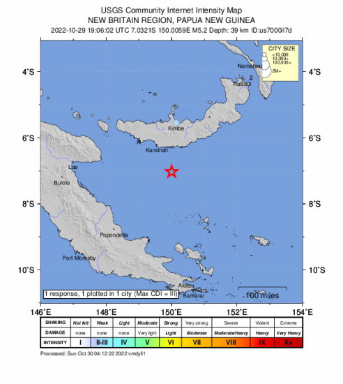 Community Internet Intensity Map for the Kandrian, Papua New Guinea 5.2m Earthquake, Sunday Oct. 30 2022, 5:06:02 AM