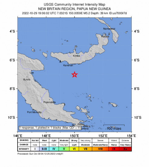 GEO Community Internet Intensity Map for the Kandrian, Papua New Guinea 5.2m Earthquake, Sunday Oct. 30 2022, 5:06:02 AM
