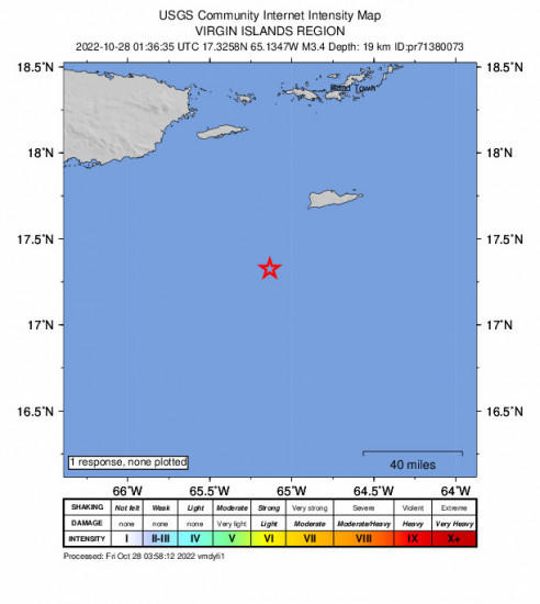 Community Internet Intensity Map for the Saint Croix, U.s. Virgin Islands 3.42m Earthquake, Thursday Oct. 27 2022, 9:36:35 PM