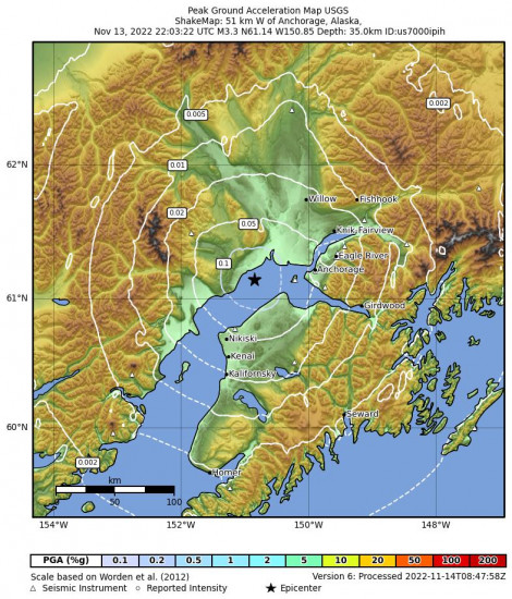 Peak Ground Acceleration Map for the Beluga, Alaska 3.1m Earthquake, Sunday Nov. 13 2022, 1:03:23 PM