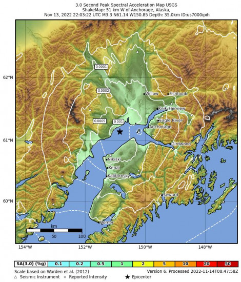 3 Second Peak Spectral Acceleration Map for the Beluga, Alaska 3.1m Earthquake, Sunday Nov. 13 2022, 1:03:23 PM