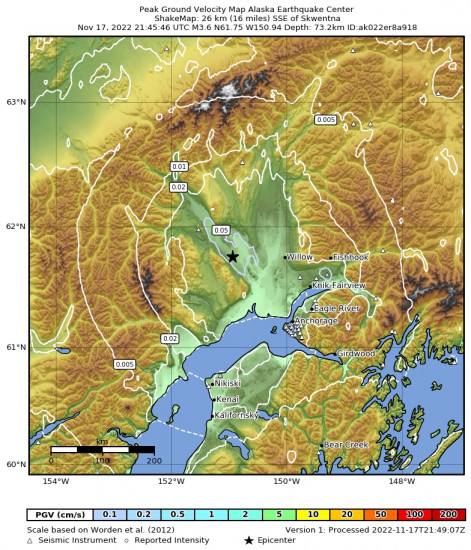 Peak Ground Velocity Map for the Skwentna, Alaska 3.7m Earthquake, Thursday Nov. 17 2022, 12:45:46 PM
