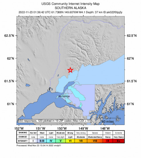 Community Internet Intensity Map for the Meadow Lakes, Alaska 4.1m Earthquake, Tuesday Nov. 22 2022, 4:36:42 PM