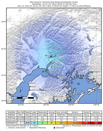Macroseismic Intensity Map for the Meadow Lakes, Alaska 4.1m Earthquake, Tuesday Nov. 22 2022, 4:36:42 PM