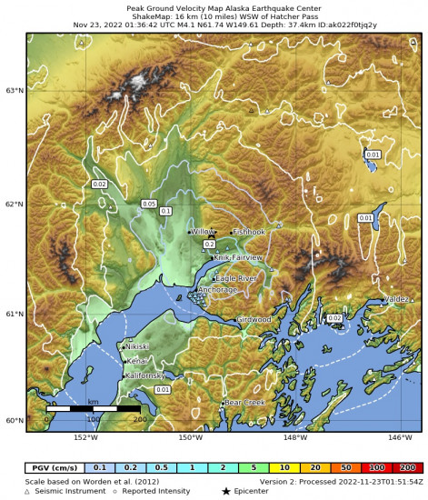 Peak Ground Velocity Map for the Meadow Lakes, Alaska 4.1m Earthquake, Tuesday Nov. 22 2022, 4:36:42 PM