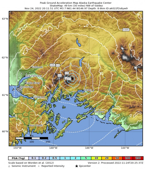 Peak Ground Acceleration Map for the Valdez, Alaska 3.7m Earthquake, Thursday Nov. 24 2022, 11:11:51 AM