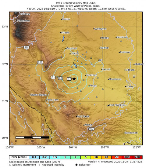 Peak Ground Velocity Map for the Mentone, Texas 4.5m Earthquake, Thursday Nov. 24 2022, 1:14:19 PM