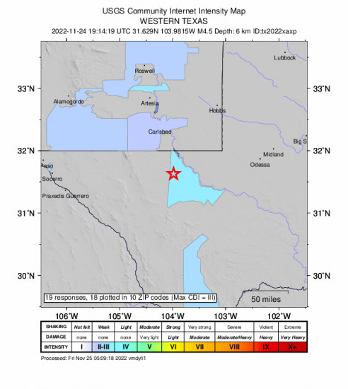 Community Internet Intensity Map for the Mentone, Texas 4.5m Earthquake, Thursday Nov. 24 2022, 1:14:19 PM