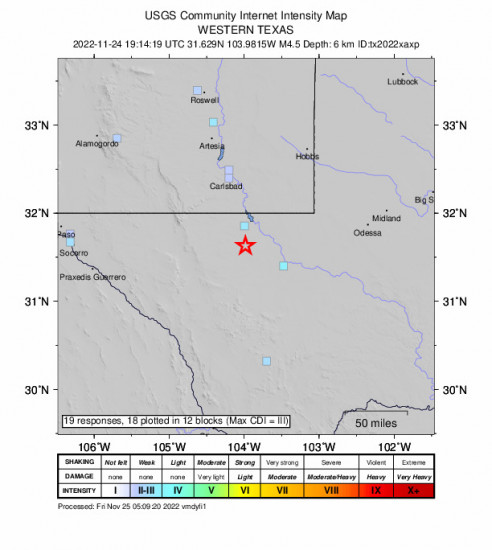GEO Community Internet Intensity Map for the Mentone, Texas 4.5m Earthquake, Thursday Nov. 24 2022, 1:14:19 PM