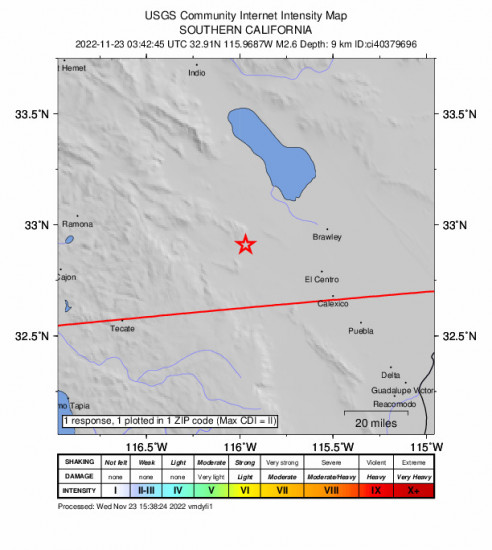 Community Internet Intensity Map for the Ocotillo, Ca 2.57m Earthquake, Tuesday Nov. 22 2022, 7:42:45 PM
