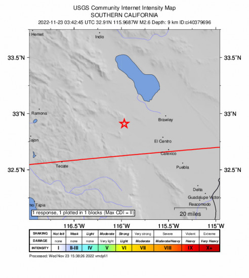 GEO Community Internet Intensity Map for the Ocotillo, Ca 2.57m Earthquake, Tuesday Nov. 22 2022, 7:42:45 PM