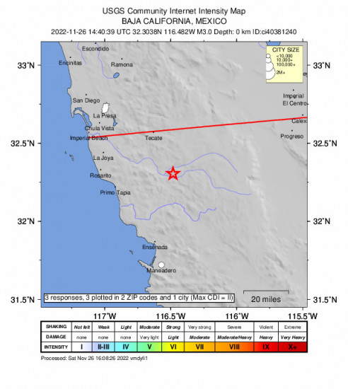 Community Internet Intensity Map for the Tecate, B.c., Mx 2.97m Earthquake, Saturday Nov. 26 2022, 6:40:39 AM