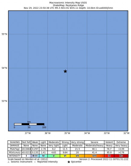 Macroseismic Intensity Map for the Reykjanes Ridge 5.5m Earthquake, Tuesday Nov. 29 2022, 8:50:38 PM